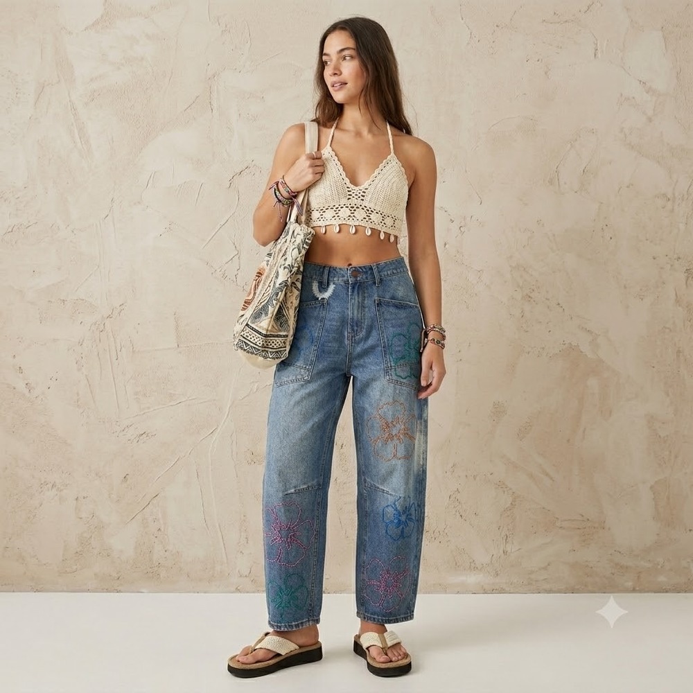 Oli & Hali Jeans Barrel Leg Jeans Small Floral Embroidered Elastic Waist NWOT
